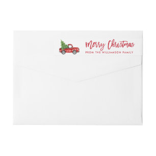 Red Brush Script Vintage Truck Christmas Tree Wrap Around Label