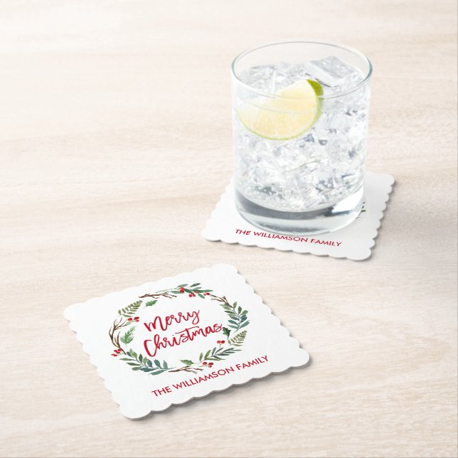 Red Brush Script Watercolor Wreath Merry Christmas Paper Coaster (Insitu)