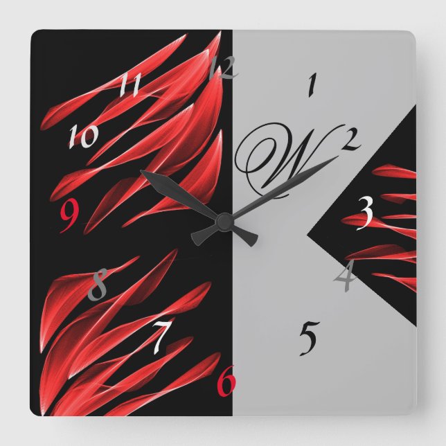 Red Brush Shades Black Pattern Square Wall Clock (Front)