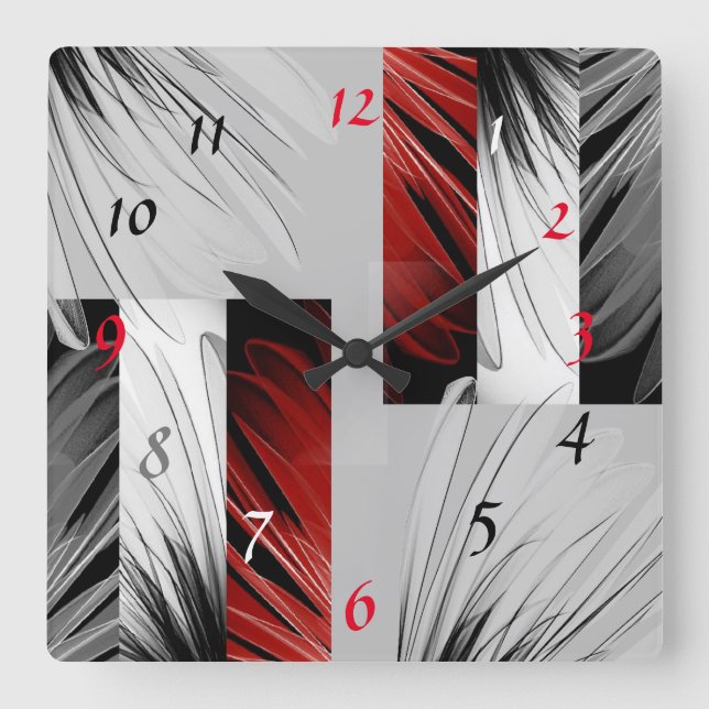 Red Brush Shades Black Pattern Square Wall Clock (Front)
