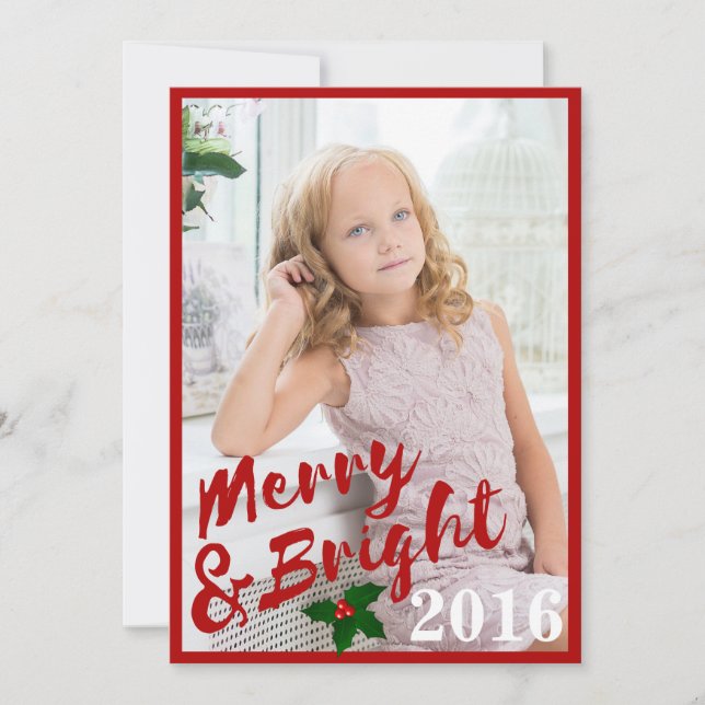 Red Brush Stroke Merry & Bright Year Red Frame Holiday Card (Front)