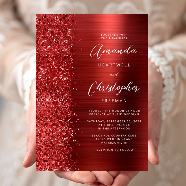 Red Brushed Metal Glitter Script Wedding Invitation (Creator Uploaded)