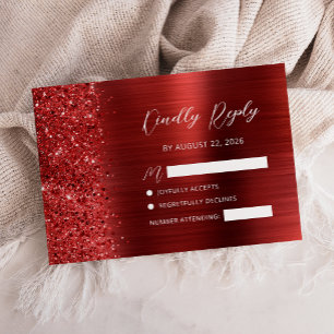 Red Brushed Metal Glitter Script Wedding RSVP Card