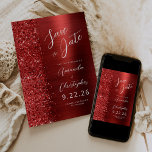 Red Brushed Metal Script Save the Date Announcement<br><div class="desc">This elegant modern wedding save the date card features a red brushed metal background decorated with faux diamond glitter. The customizable text combines white script and sans serif fonts. The reverse side repeats the red brushed metal and glitter design.</div>