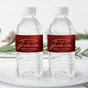 Red Brushed Metal White Script Gold Cap Graduation Water Bottle Label