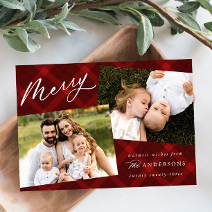 Red Brushed Plaid 3 Photo Holiday Card