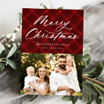 Red Brushed Plaid Merry Christmas 3 Photo Holiday Card<br><div class="desc">Elegant holiday photo card featuring "Merry Christmas" displayed in a white calligraphy script at the top of the design on a painted red plaid background. Personalize the front of the card by adding your name, year, and a photo. The card reverses to display 2 additional photos on a matching plaid...</div>