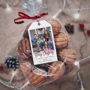 Red Brushed Script Merry Christmas Modern Photo Gift Tags