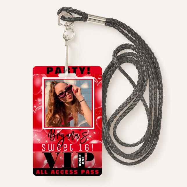 Red Bubble Hearts Birthday Party VIP Pass Badge ID Badge (Front with Lanyard)