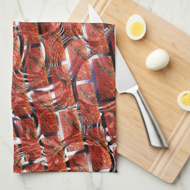 Red, bubbles on grating or brick effect? Metallic. Tea Towel (Quarter Fold)
