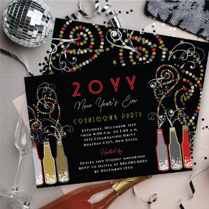 Red Bubbly Bottles Swirls New Year's Eve Party Invitation