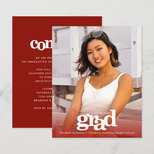 Red budget graduation photo bold modern invitation (Front/Back)