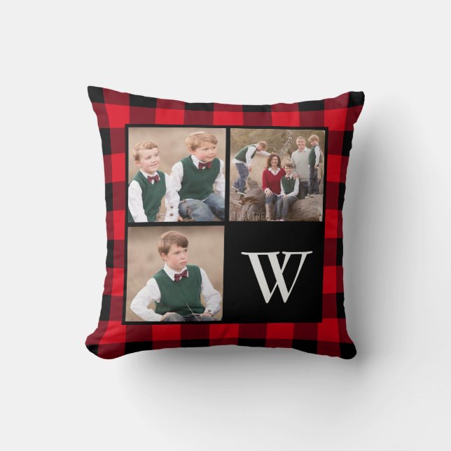 Red Buffalo Check 3 Photo Collage Monogram Cushion (Front)
