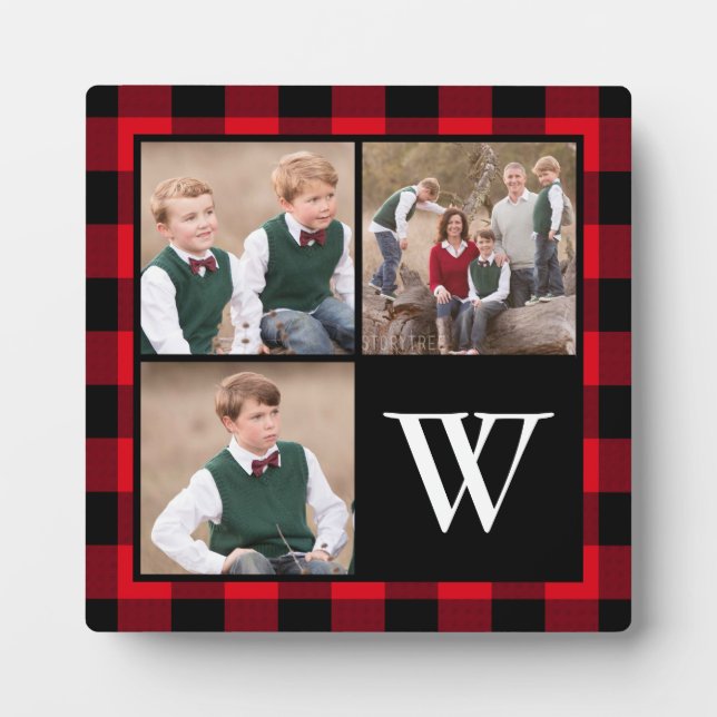 Red Buffalo Check 3 Photo Collage Monogram Plaque (Front)