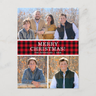 Red Buffalo Check 3 Photo Holiday Postcard