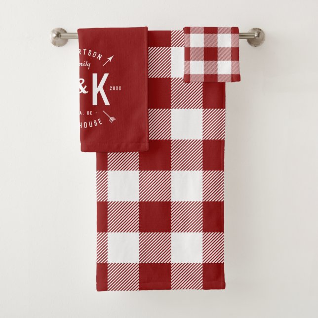 Red Buffalo Check and Farmhouse Arrow Monogram Bath Towel Set (Insitu)