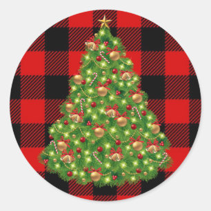 Red Buffalo Check Christmas Tree Classic Round Sticker