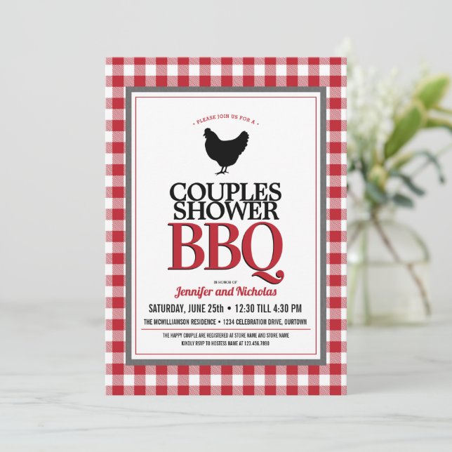 Red Buffalo Check Couples Wedding Shower BBQ Invitation (Standing Front)