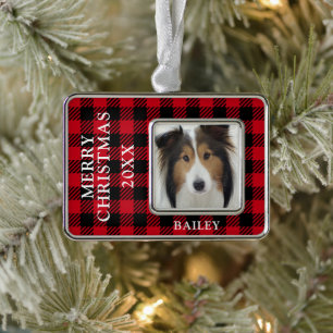 Red Buffalo Check Dog Photo Personalised Silver Plated Framed Ornament