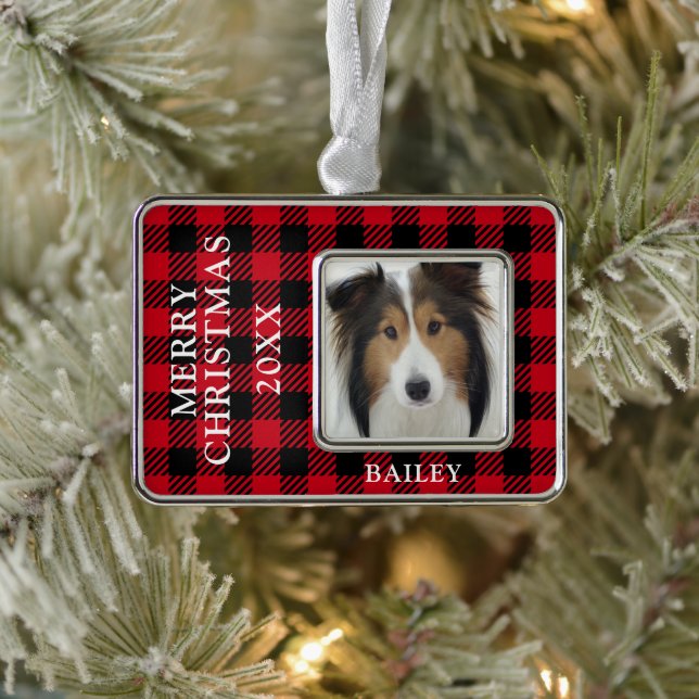 Red Buffalo Check Dog Photo Personalised Silver Plated Framed Ornament (Tree)