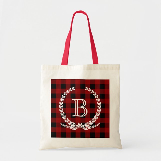 Red Buffalo Check Gingham Monogram Tote Bag (Front)