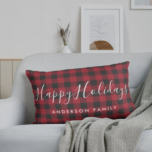 Red Buffalo Check Happy Holidays Family Name Lumbar Cushion