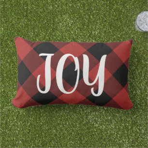 Red Buffalo Check Joy   Farmhouse Holiday Outdoor Lumbar Cushion