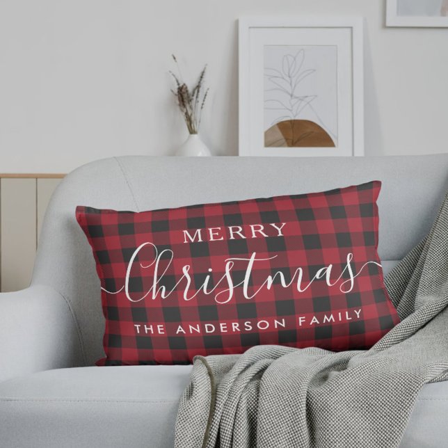 Red Buffalo Check Merry Christmas Family Name Lumbar Cushion (Creator Uploaded)