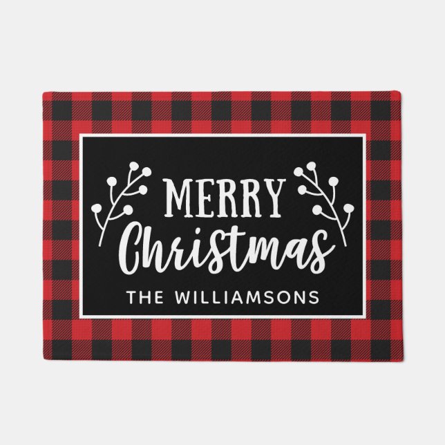Red Buffalo Check Merry Christmas  Farmhouse Door Doormat (Front)