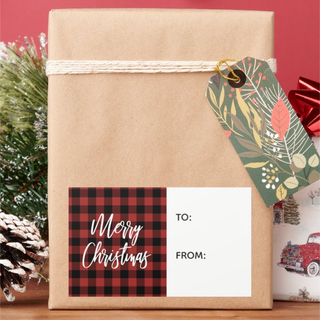 Red Buffalo Check Merry Christmas Gift Label (Holiday)