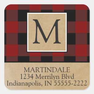 Red Buffalo Check Monogram Return Address Square Sticker