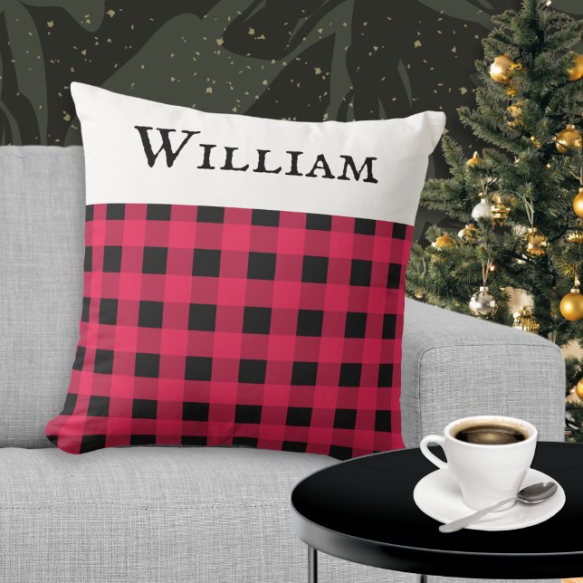 Red Buffalo Check Personalised Christmas  Cushion (A personalized cushion, with red and black buffalo plaid design. Ideal gift for the festive season)