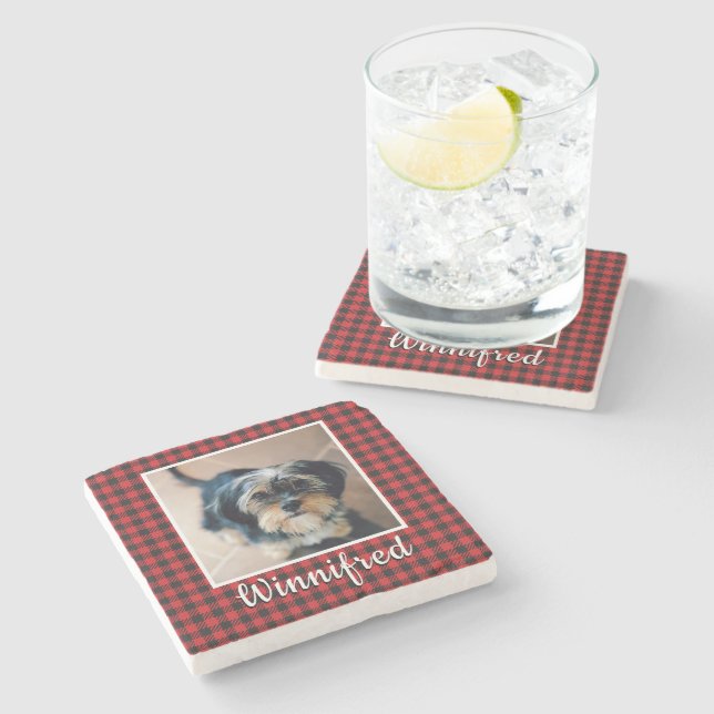 Red Buffalo Check Personalised Pet Photo Christmas Stone Coaster (Side)