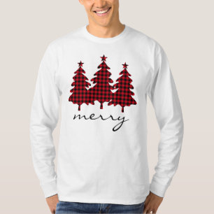 Red Buffalo Check Pine Trees Merry T-Shirt