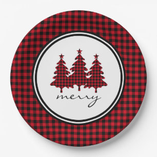 Red Buffalo Check Pine Trees Paper Plate