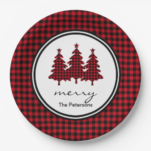 Red Buffalo Check Pine Trees Personalised Paper Plate