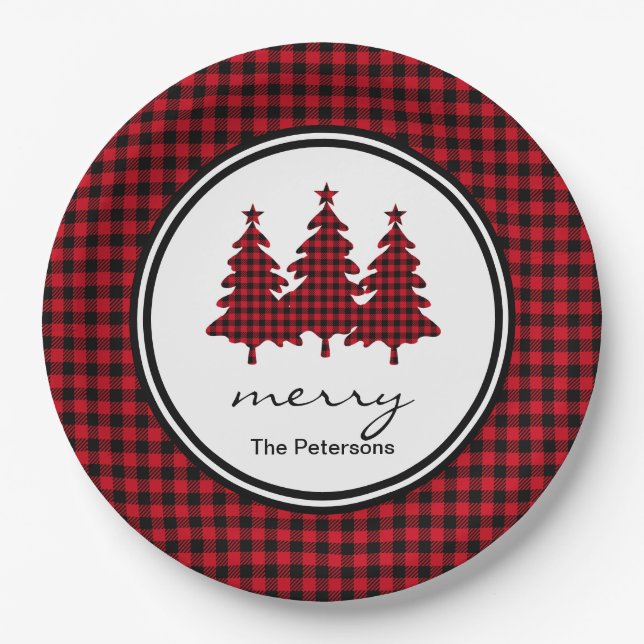 Red Buffalo Check Pine Trees Personalised Paper Plate (Front)