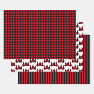 Red Buffalo Check Pine Trees Stripes Christmas Wrapping Paper Sheet