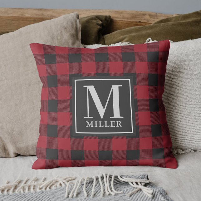 Red Buffalo Check Plaid Family Name Monogram Cushion (Creator Uploaded)