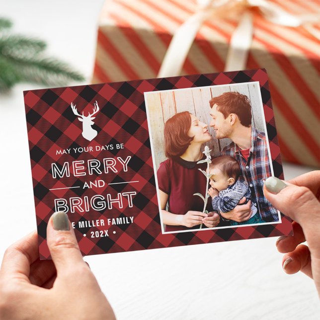 Red Buffalo Check Plaid Merry and Bright Photo Holiday Card (Creator Uploaded)