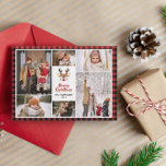 Red Buffalo Check Reindeer Photo Collage Christmas Holiday Card<br><div class="desc">Rustic and cute Christmas card with a photo collage of six photos in different sizes surrounding a reindeer with a big red nose,  Merry Christmas in a bold calligraphy script,  and your family name. All framed by a printed plaid pattern in red and black.</div>
