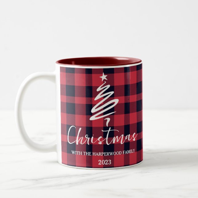 Red Buffalo Minimalist Christmas Family Name Two-Tone Coffee Mug (Left)
