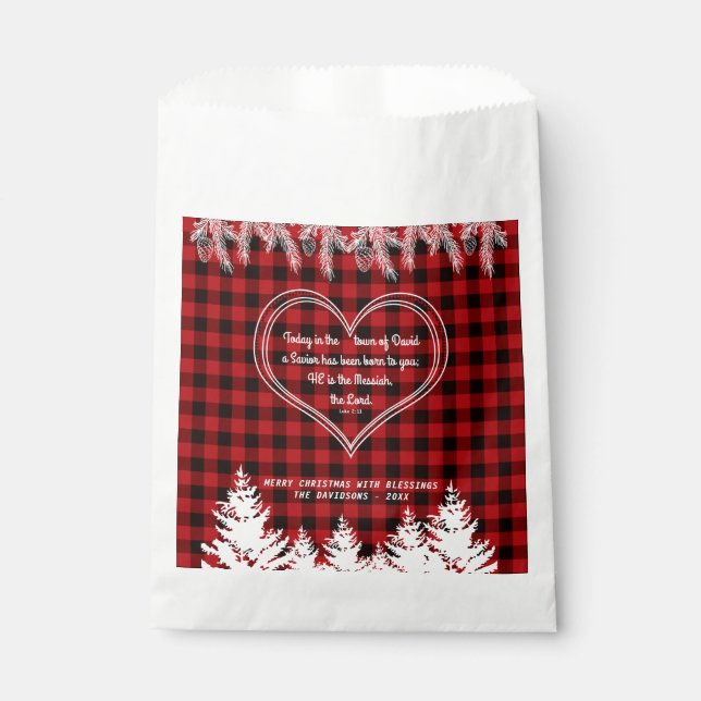 Red Buffalo Pattern Bible Verse Christmas Pine Favour Bags (Front)