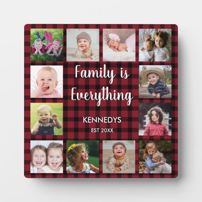 Red Buffalo Plaid 12 Photo Collage Family Plaque (Front)