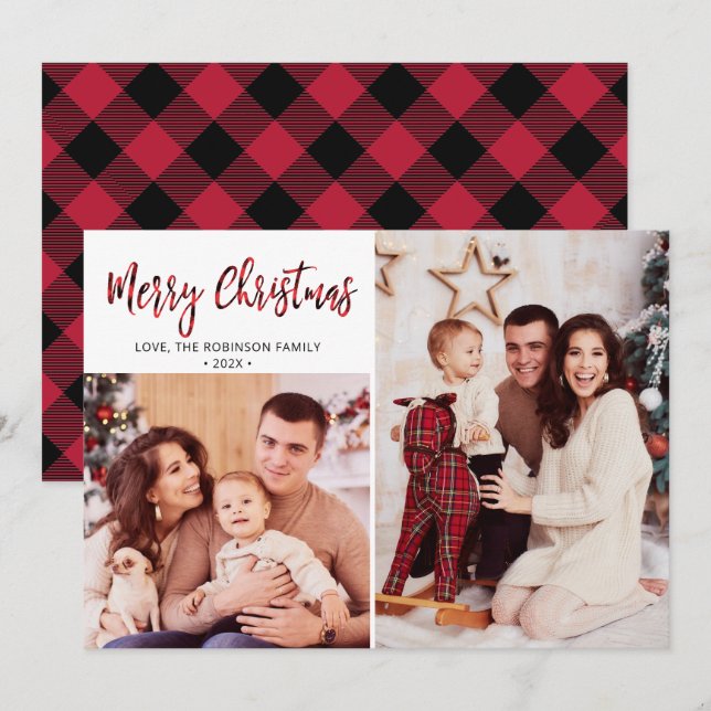 Red Buffalo Plaid 2 Photo Collage Christmas  Holi Holiday Card (Front/Back)