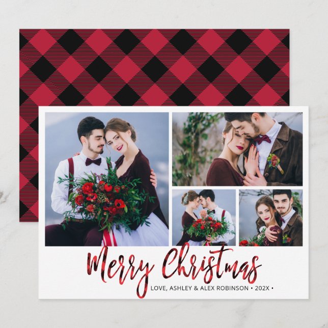 Red Buffalo Plaid 4 Photo Collage Christmas  Holiday Card (Front/Back)
