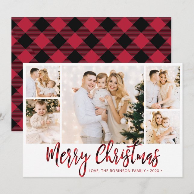 Red Buffalo Plaid 5 Photo Collage Christmas  Holiday Card (Front/Back)
