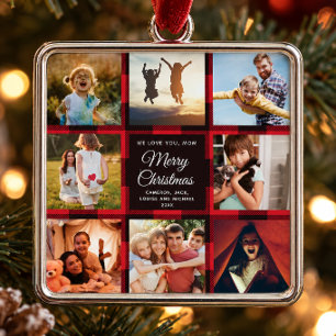 Red Buffalo Plaid 8 Photo Collage Family Picture Metal Tree Decoration