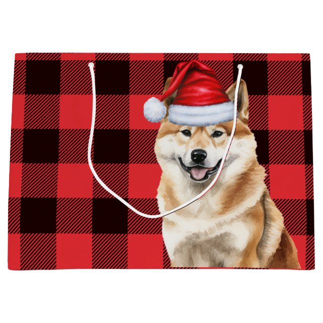 Red Buffalo Plaid Akita Dog Holiday Large Gift Bag (Front)