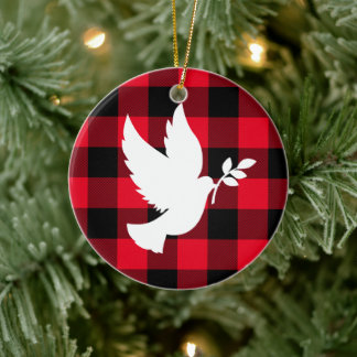 Red Buffalo Plaid and White Peace Dove Ceramic Tree Decoration
